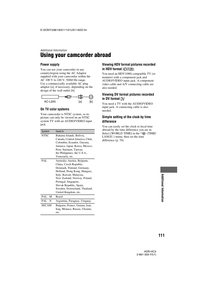 Additional information, Using your camcorder abroad, On (p. 111) | Sony HDR-HC3 User Manual | Page 111 / 135