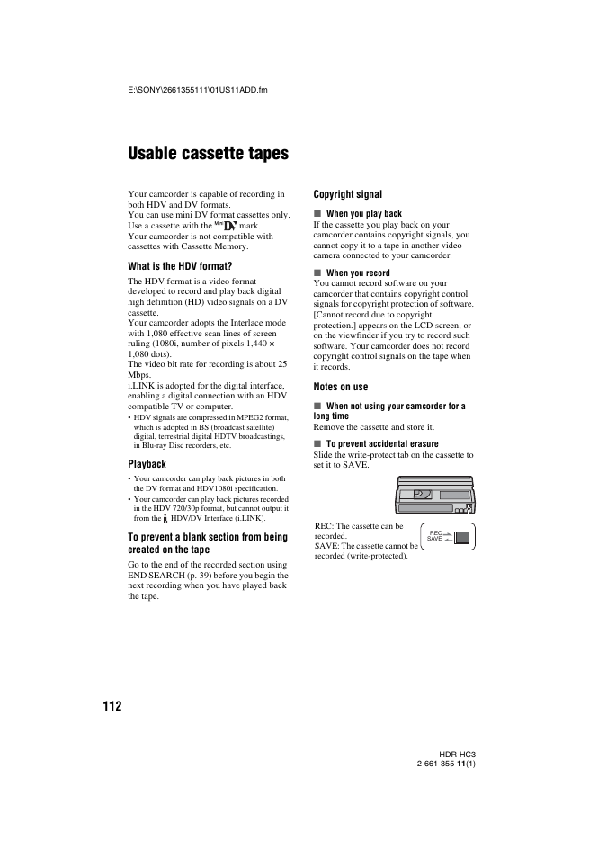 Usable cassette tapes, P. 112, 112 and | P. 112) | Sony HDR-HC3 User Manual | Page 112 / 135