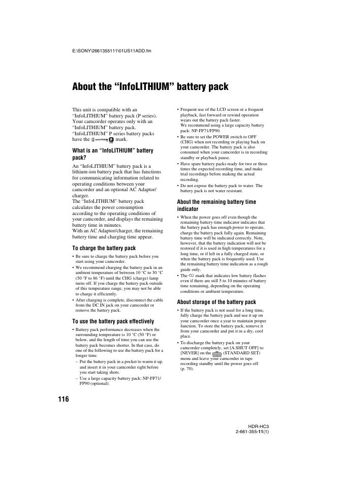 About the “infolithium” battery pack, P. 116), P. 116 | Sony HDR-HC3 User Manual | Page 116 / 135