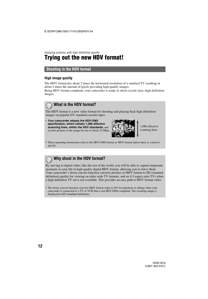 Enjoying pictures with high definition quality, Trying out the new hdv format, Enjoying pictures with | High definition quality, What is the hdv format, Why shoot in the hdv format | Sony HDR-HC3 User Manual | Page 12 / 135