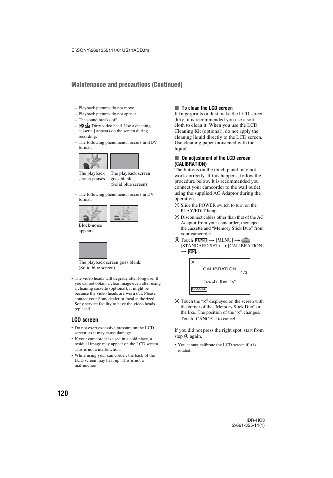 P. 120, P. 120), Maintenance and precautions (continued) | Sony HDR-HC3 User Manual | Page 120 / 135