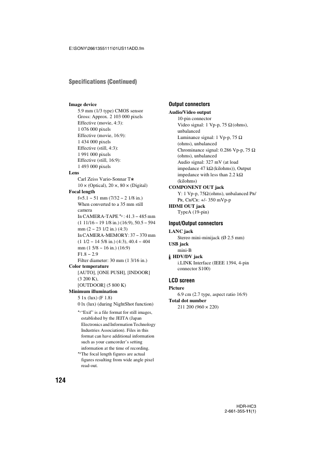 Specifications (continued) | Sony HDR-HC3 User Manual | Page 124 / 135