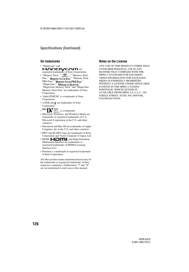 Specifications (continued) | Sony HDR-HC3 User Manual | Page 126 / 135