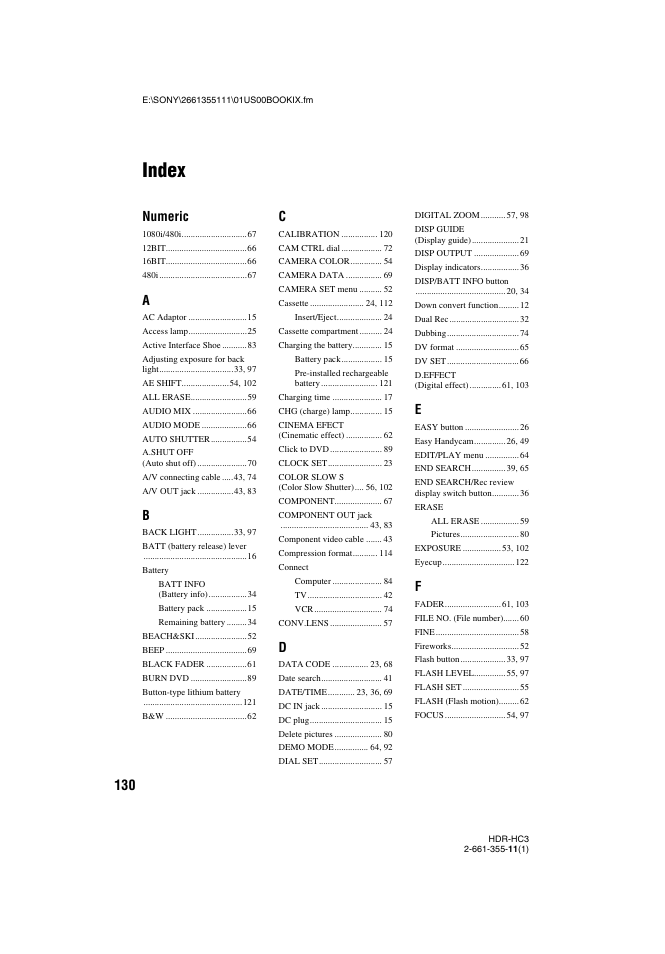 Index, Numeric | Sony HDR-HC3 User Manual | Page 130 / 135