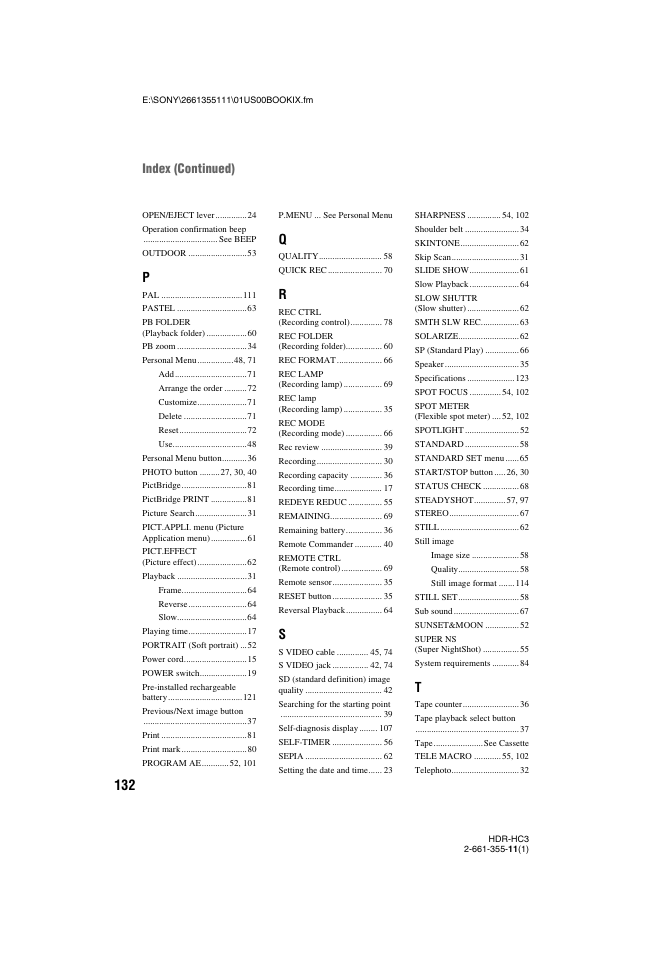 Index (continued) | Sony HDR-HC3 User Manual | Page 132 / 135