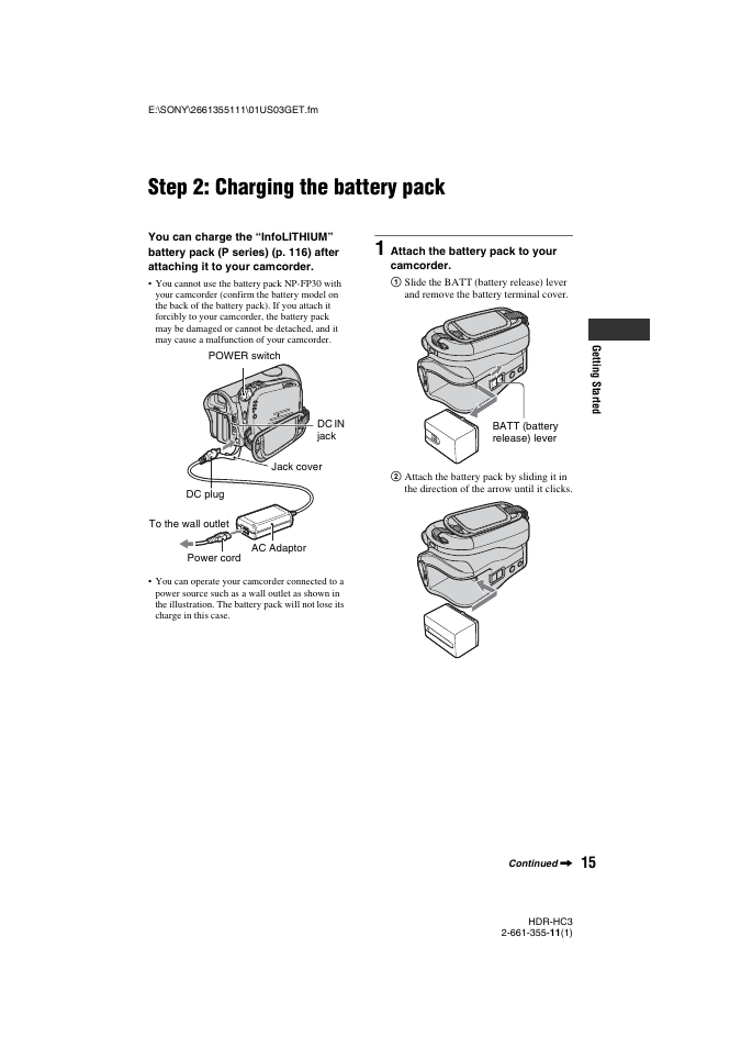 Step 2: charging the battery pack, R (1) (p. 15), Rd (1) (p. 15) | P. 15 | Sony HDR-HC3 User Manual | Page 15 / 135