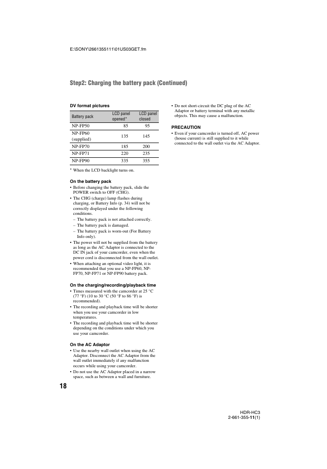 Step2: charging the battery pack (continued) | Sony HDR-HC3 User Manual | Page 18 / 135