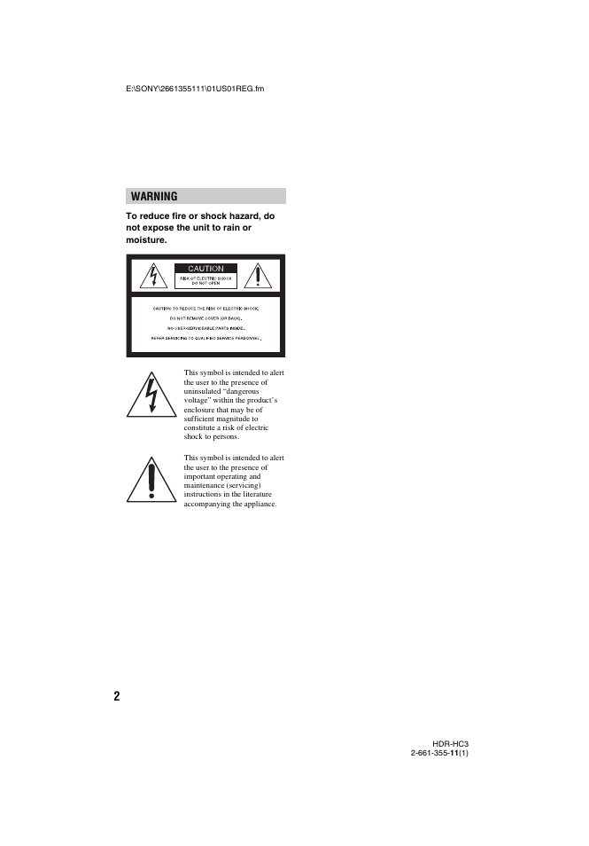 Warning | Sony HDR-HC3 User Manual | Page 2 / 135