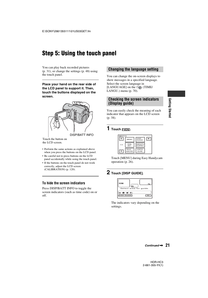 Step 5: using the touch panel, Changing the language setting, Checking the screen indicators (display guide) | Sony HDR-HC3 User Manual | Page 21 / 135