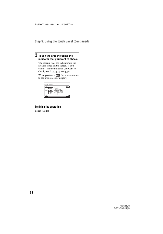 Step 5: using the touch panel (continued) | Sony HDR-HC3 User Manual | Page 22 / 135