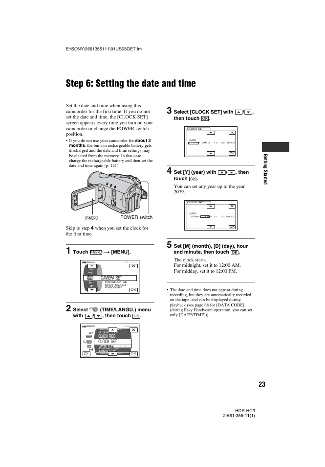 Step 6: setting the date and time, Ars (p. 23), P. 23) | Sony HDR-HC3 User Manual | Page 23 / 135