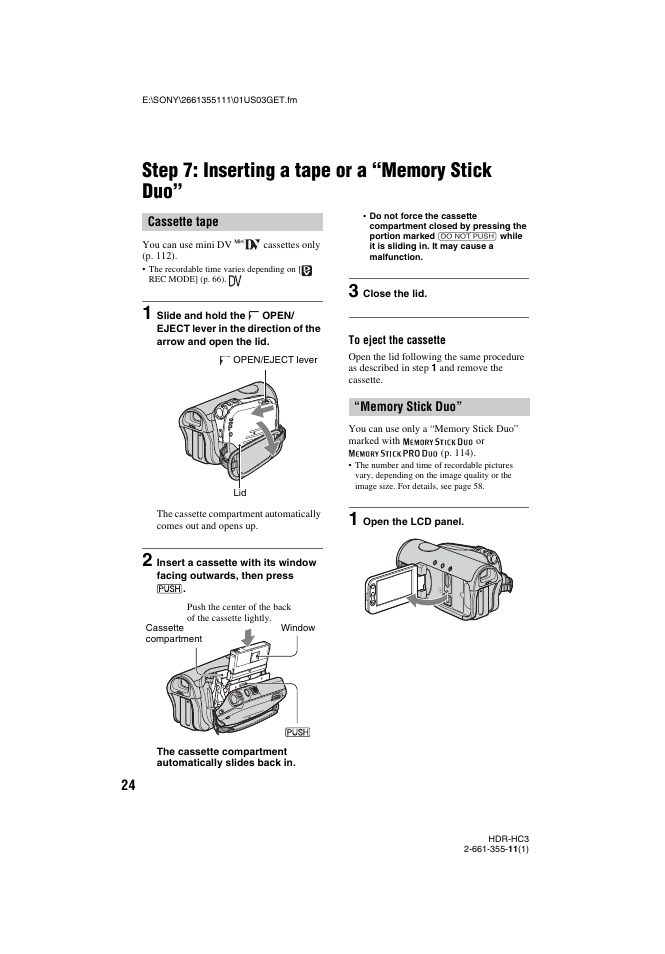 Step 7: inserting a tape or a “memory stick duo | Sony HDR-HC3 User Manual | Page 24 / 135