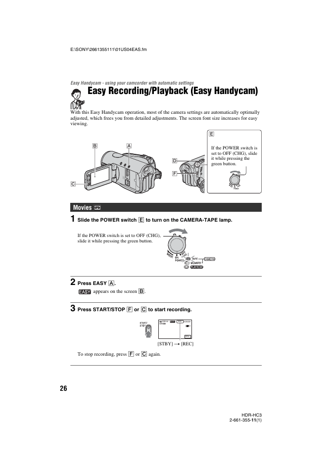 Easy recording/playback (easy handycam), Easy handycam, N (p. 26) | Movies | Sony HDR-HC3 User Manual | Page 26 / 135