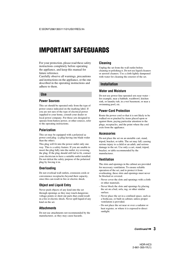 Important safeguards, Use installation | Sony HDR-HC3 User Manual | Page 3 / 135