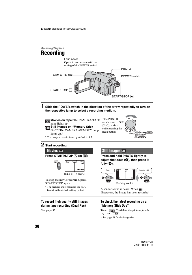 Recording/playback, Recording, Playback | Movies still images | Sony HDR-HC3 User Manual | Page 30 / 135