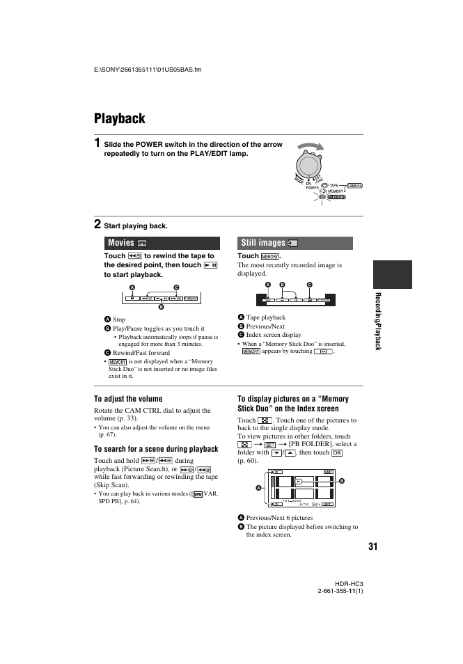 Playback, P. 31), Movies still images | Sony HDR-HC3 User Manual | Page 31 / 135