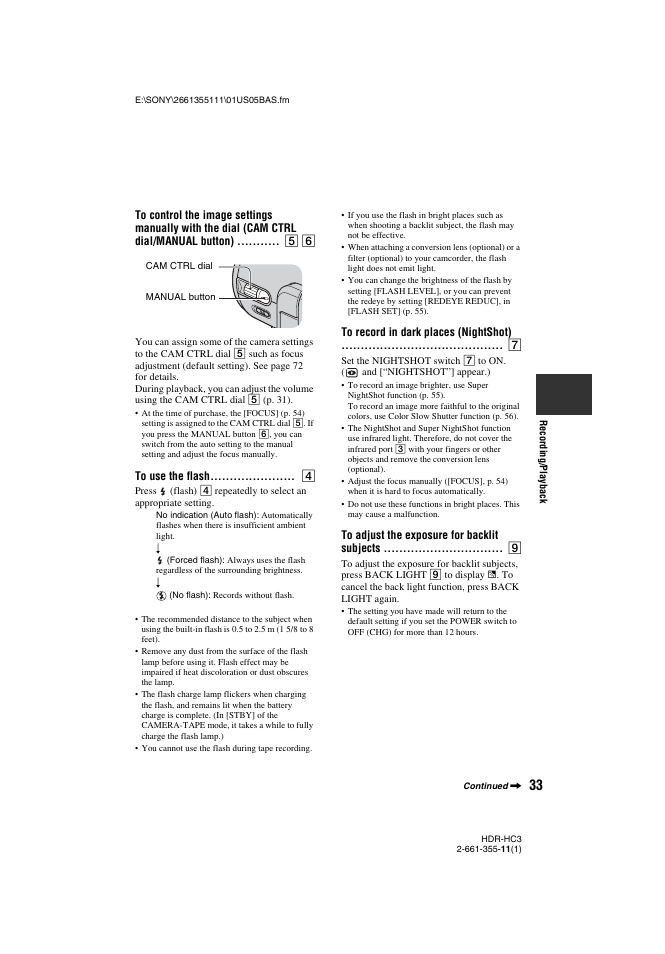 To use the flash, To record in dark places (nightshot), To adjust the exposure for backlit subjects | P. 33) | Sony HDR-HC3 User Manual | Page 33 / 135