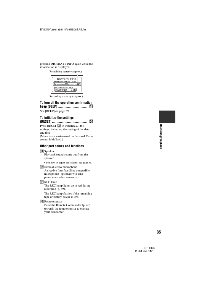 To turn off the operation confirmation beep (beep), To initialize the settings (reset), Other part names and functions | Sony HDR-HC3 User Manual | Page 35 / 135