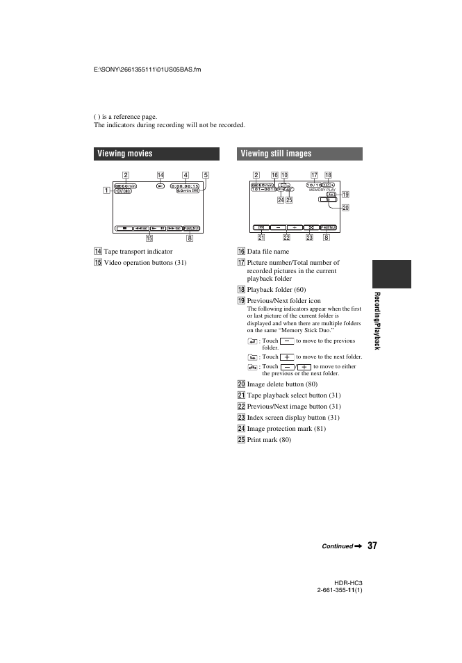 Viewing movies, Viewing still images | Sony HDR-HC3 User Manual | Page 37 / 135