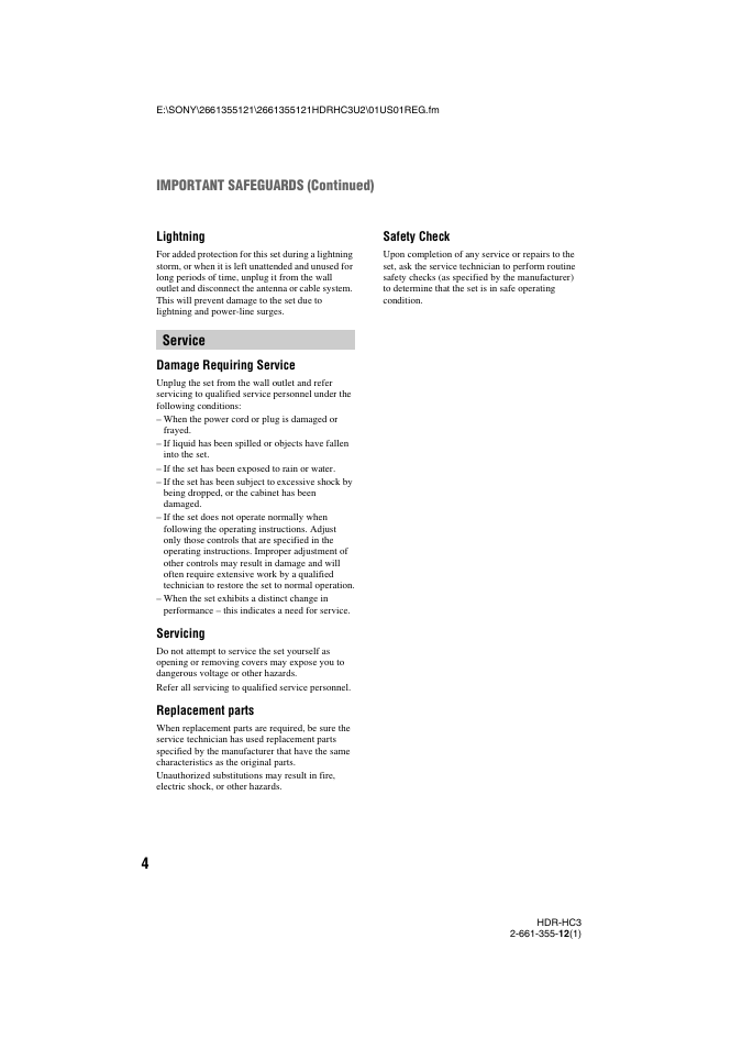 Service important safeguards (continued) | Sony HDR-HC3 User Manual | Page 4 / 135