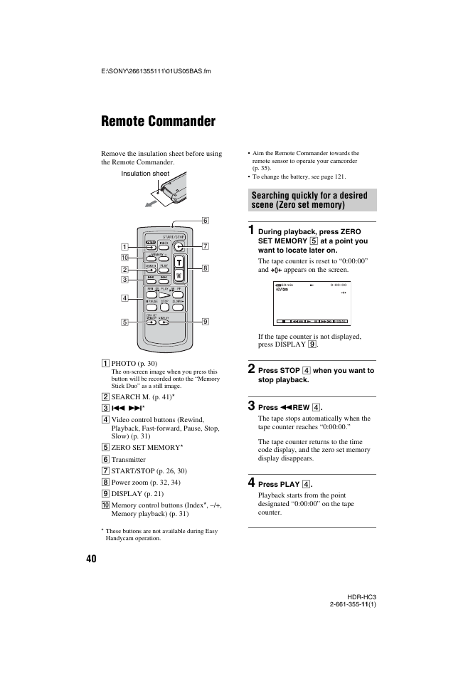 Remote commander, P. 40) | Sony HDR-HC3 User Manual | Page 40 / 135