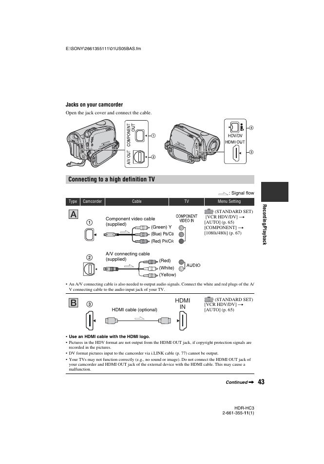 Connecting to a high definition tv, P. 43) | Sony HDR-HC3 User Manual | Page 43 / 135