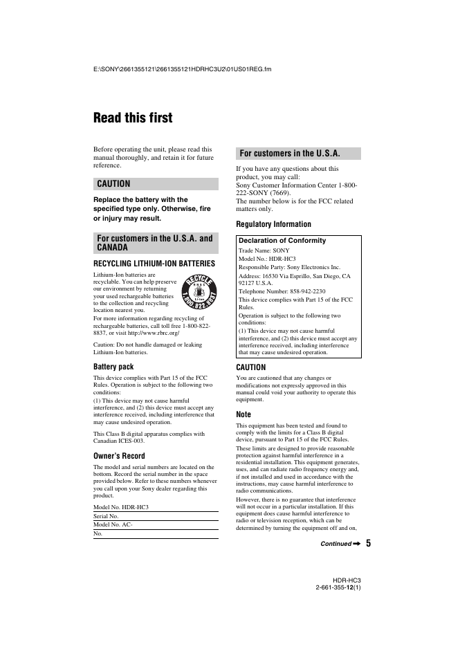 Read this first, Caution for customers in the u.s.a. and canada, For customers in the u.s.a | Sony HDR-HC3 User Manual | Page 5 / 135