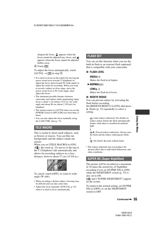 P. 55), Tele macro flash set super ns (super nightshot) | Sony HDR-HC3 User Manual | Page 55 / 135