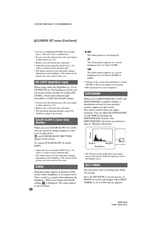 P. 56), Camera set menu (continued) | Sony HDR-HC3 User Manual | Page 56 / 135