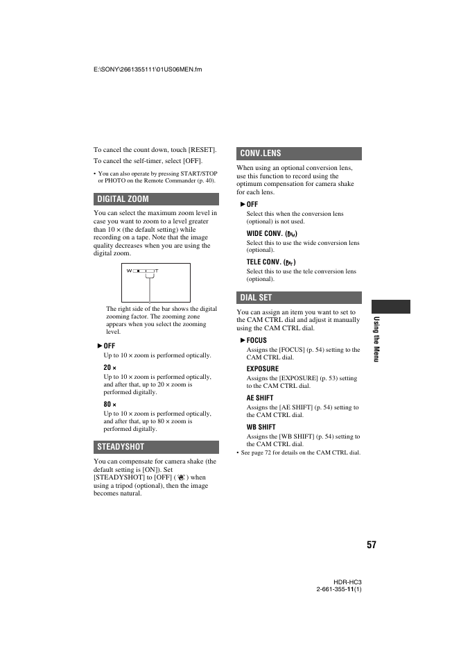 Onv.lens | Sony HDR-HC3 User Manual | Page 57 / 135