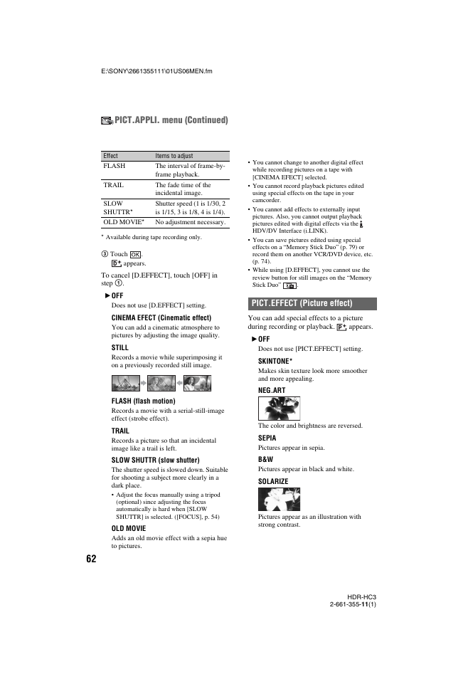 Pict.appli. menu (continued), Pict.effect (picture effect) | Sony HDR-HC3 User Manual | Page 62 / 135