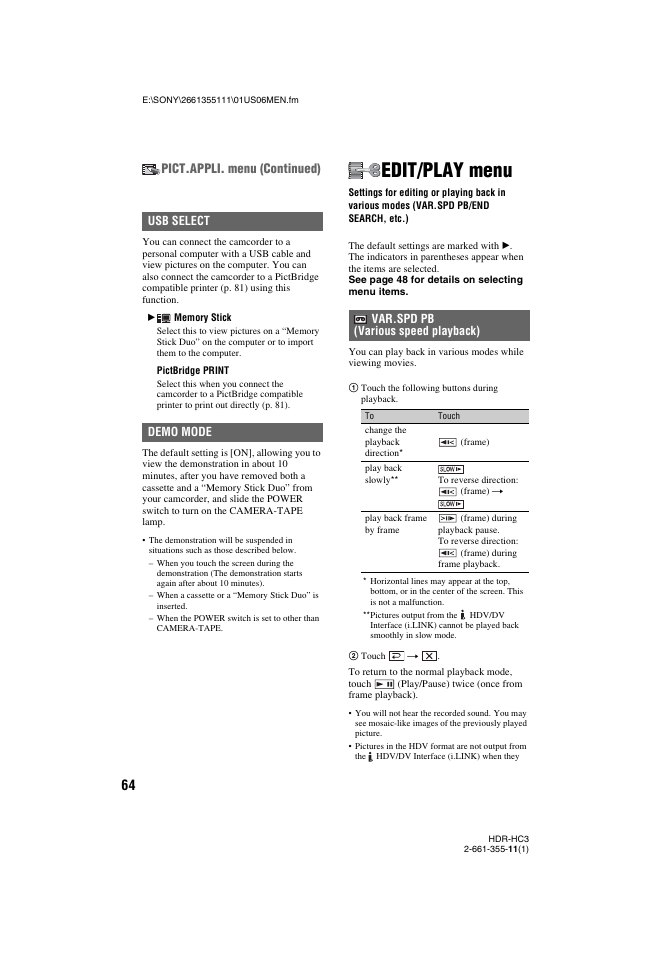 Edit/play menu, P. 64), Pict.appli. menu (continued) | Sony HDR-HC3 User Manual | Page 64 / 135