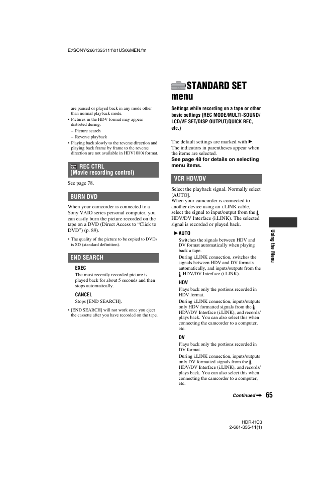 Standard set menu, P. 65), Auto] (p. 65) | Sony HDR-HC3 User Manual | Page 65 / 135