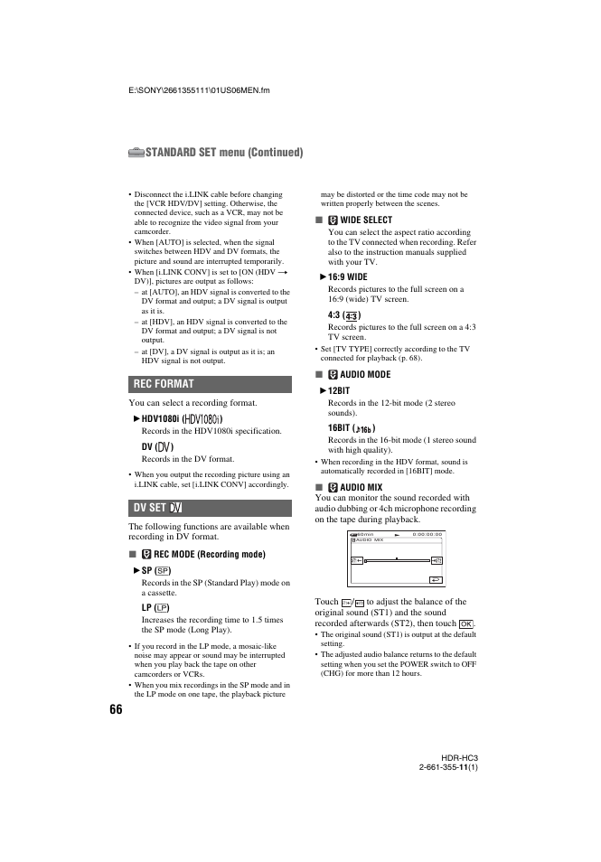 P. 66), T (66), Standard set menu (continued) | Rec format dv set | Sony HDR-HC3 User Manual | Page 66 / 135
