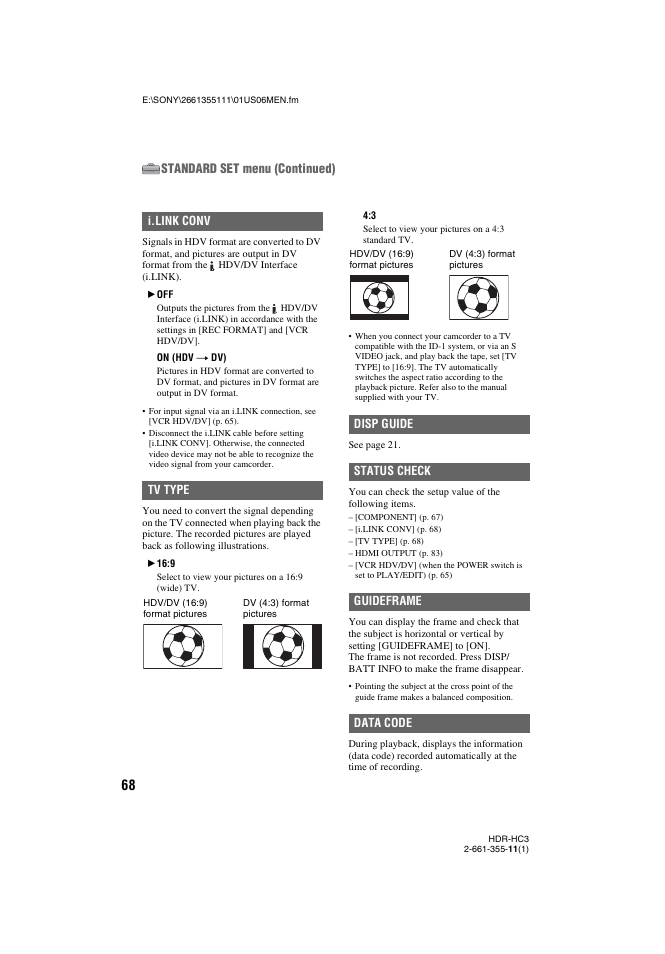 P. 68), P. 68, Standard set menu (continued) | Sony HDR-HC3 User Manual | Page 68 / 135