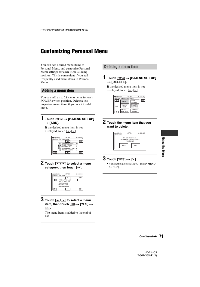 Customizing personal menu, Adding a menu item, Deleting a menu item | Sony HDR-HC3 User Manual | Page 71 / 135