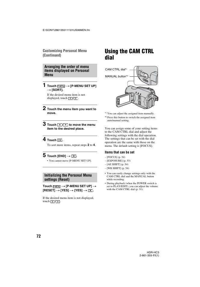 Using the cam ctrl dial, P. 72) | Sony HDR-HC3 User Manual | Page 72 / 135