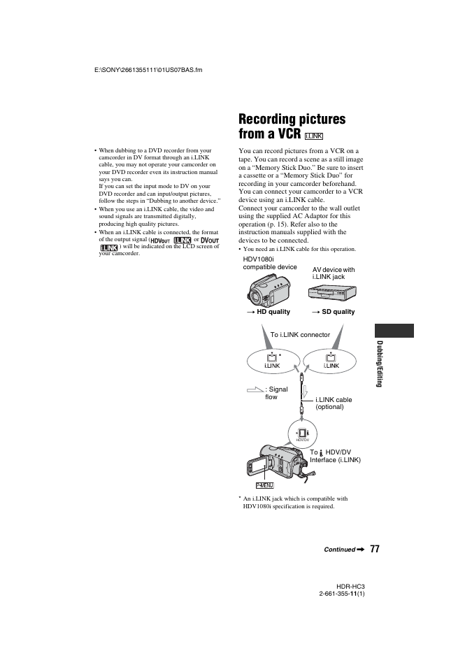 Recording pictures from a vcr, Cable (p. 77 | Sony HDR-HC3 User Manual | Page 77 / 135