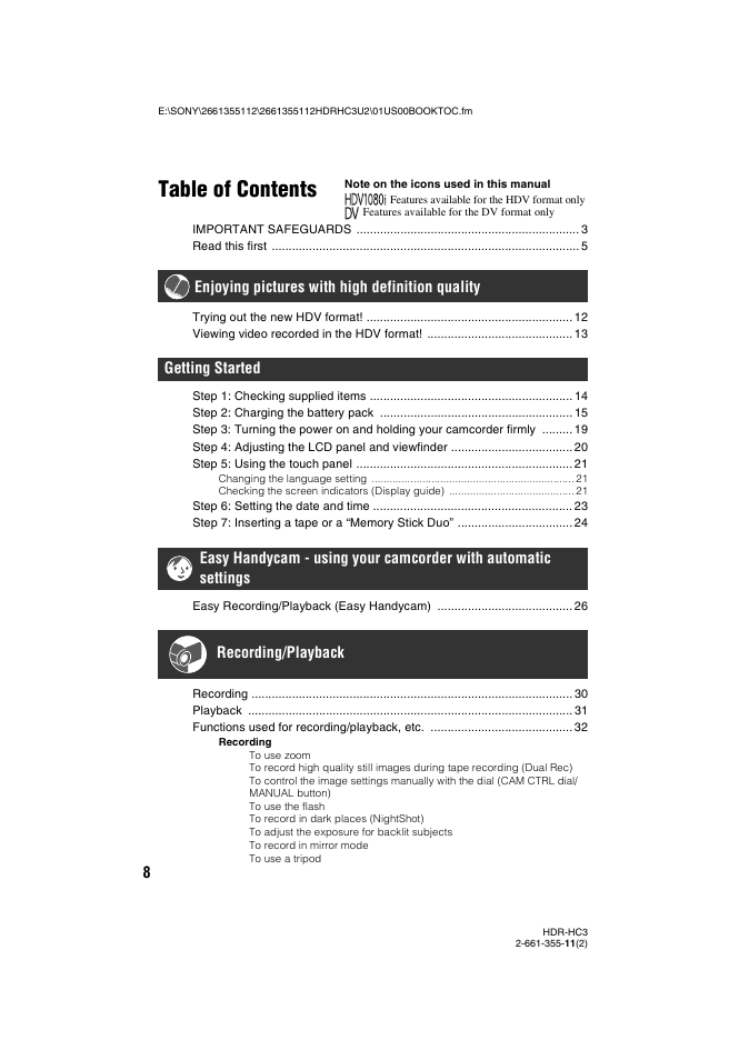 Sony HDR-HC3 User Manual | Page 8 / 135