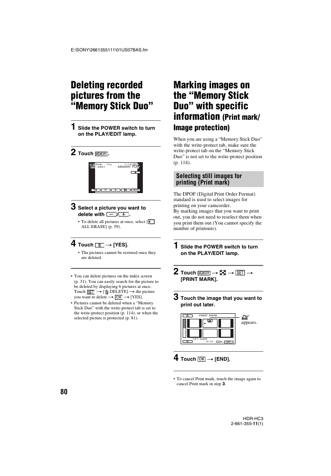 Print mark/image protection), P. 80), On (80) | Print mark/ image protection), Selecting still images for printing (print mark) | Sony HDR-HC3 User Manual | Page 80 / 135