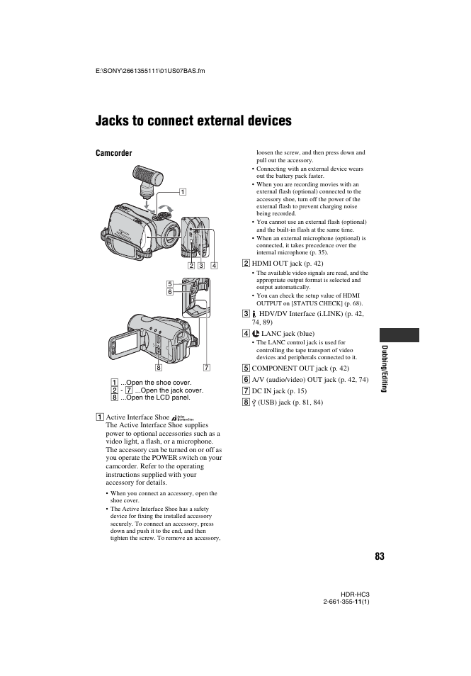 Jacks to connect external devices, P. 83) | Sony HDR-HC3 User Manual | Page 83 / 135