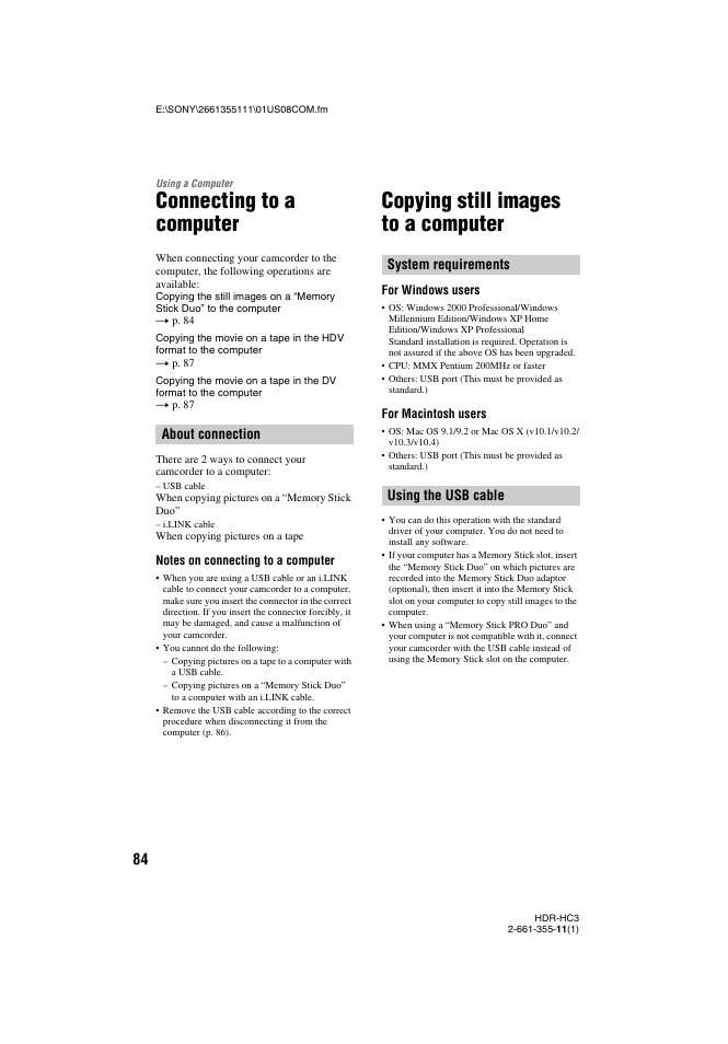 Using a computer, Connecting to a computer, Copying still images to a computer | P. 84) | Sony HDR-HC3 User Manual | Page 84 / 135