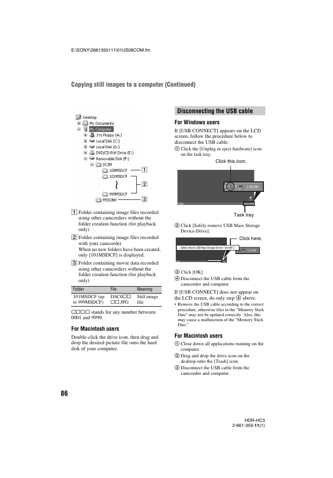P. 86), Disconnecting the usb cable, Copying still images to a computer (continued) | Sony HDR-HC3 User Manual | Page 86 / 135