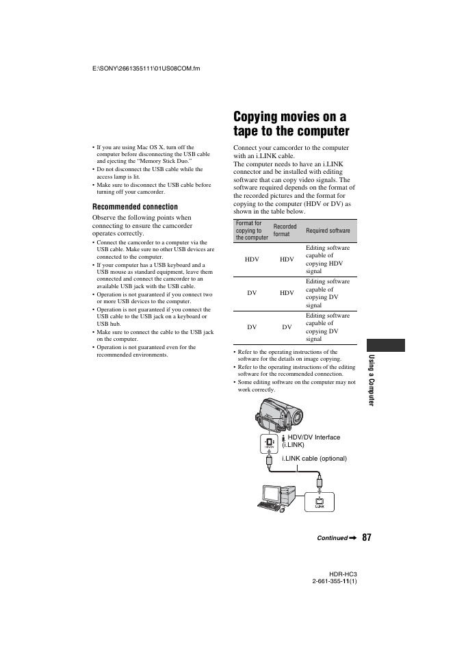 Copying movies on a tape to the computer, P. 87 | Sony HDR-HC3 User Manual | Page 87 / 135