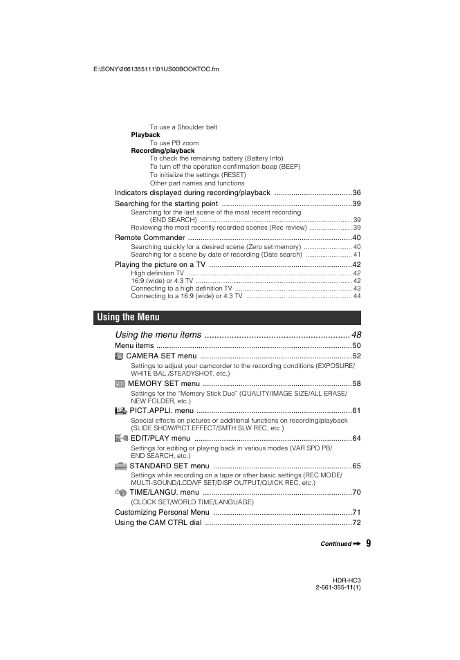Using the menu, Using the menu items | Sony HDR-HC3 User Manual | Page 9 / 135