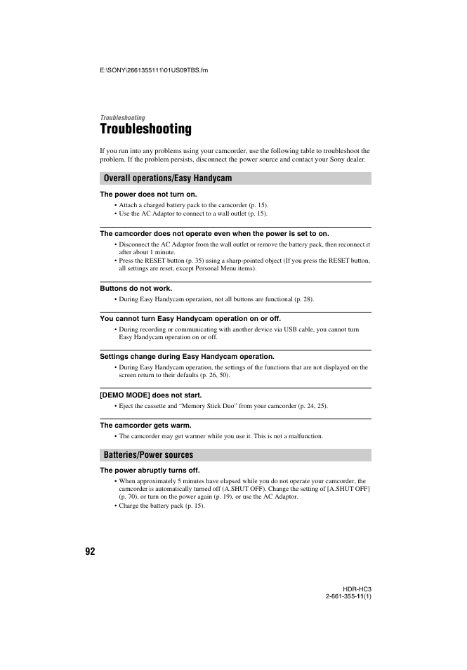 Troubleshooting | Sony HDR-HC3 User Manual | Page 92 / 135