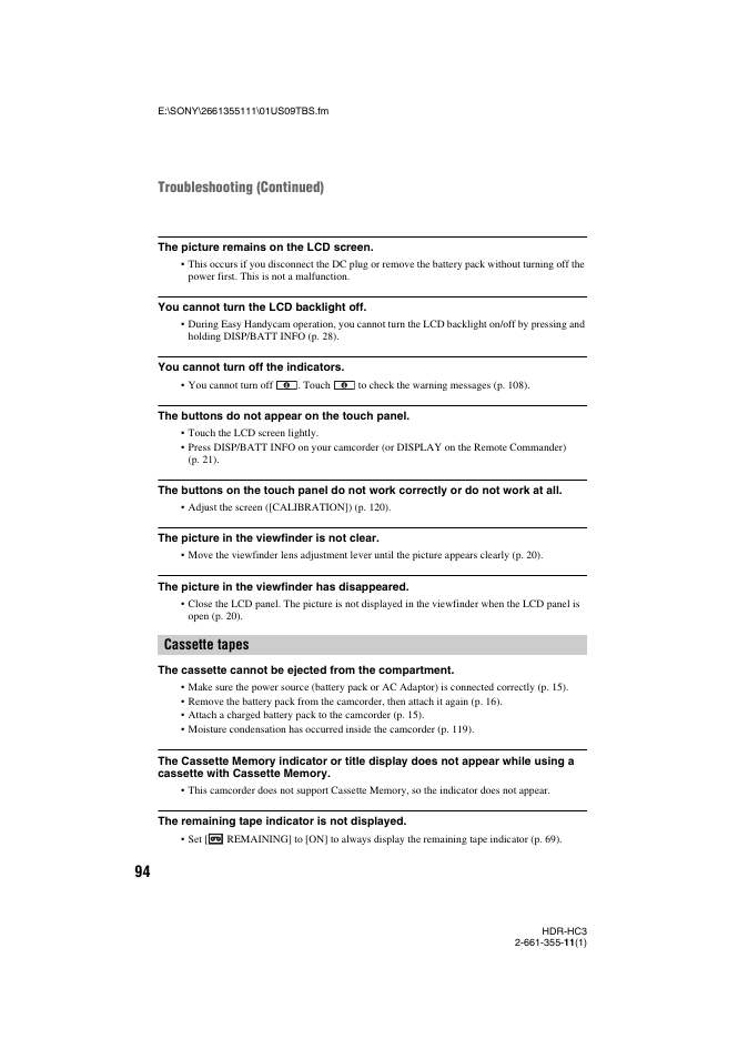 Cassette tapes troubleshooting (continued) | Sony HDR-HC3 User Manual | Page 94 / 135