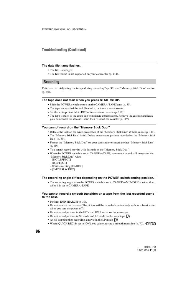 Recording troubleshooting (continued) | Sony HDR-HC3 User Manual | Page 96 / 135