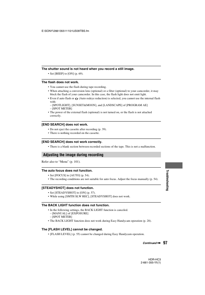 Adjusting the image during recording” (p. 97), Adjusting the image during recording | Sony HDR-HC3 User Manual | Page 97 / 135