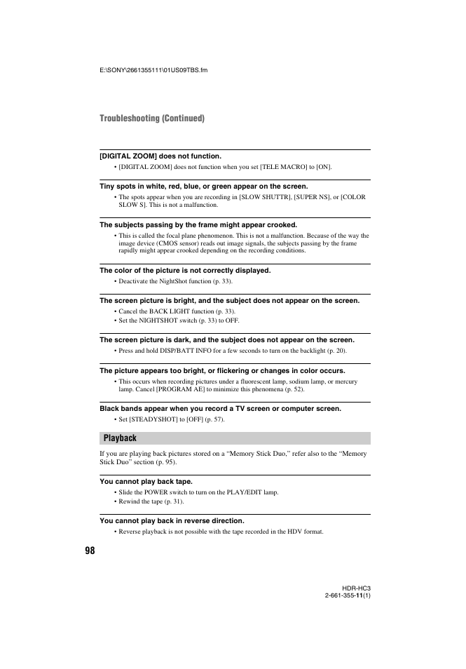 Playback troubleshooting (continued) | Sony HDR-HC3 User Manual | Page 98 / 135